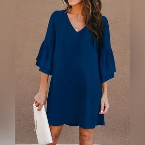 Belongsci NWT Women’s Blue V Neck Bell Sleeve Mini Shift Dress Size S